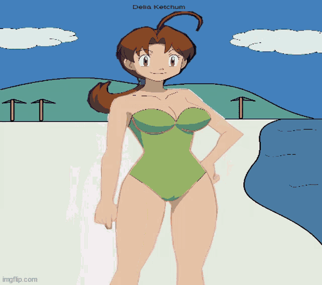 a pixel art drawing of a woman in a green swimsuit with the name della ketchup above her