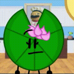 a green circle with a purple flower on it 's head .