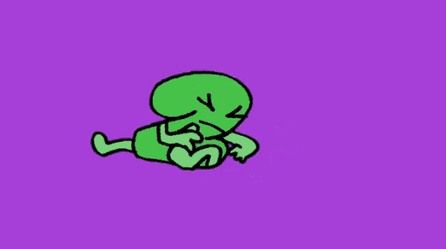 a green cartoon character is standing on a purple background and making a funny face .