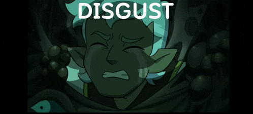 a cartoon character is crying with the word disgust in the corner