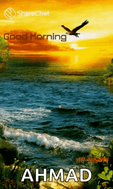a painting of a body of water with the name ahmad on the bottom