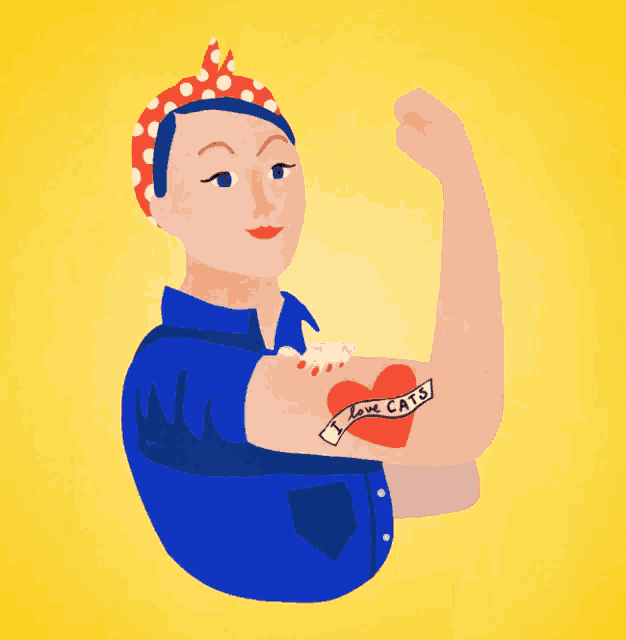 an illustration of a woman with a tattoo on her arm that says " love cats "