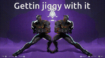 two black panthers are dancing in front of a purple background that says gettin jiggy with it .