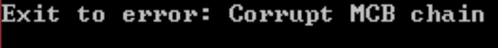 a black background with the words exit to error corrupt mcb chain written in white