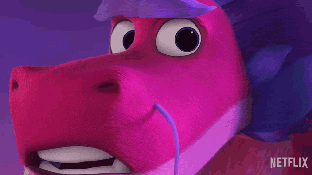 a close up of a pink and purple dragon with netflix written on the bottom