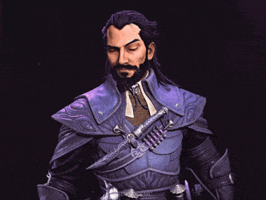 a man with a beard is wearing a purple suit with a sword on his shoulder