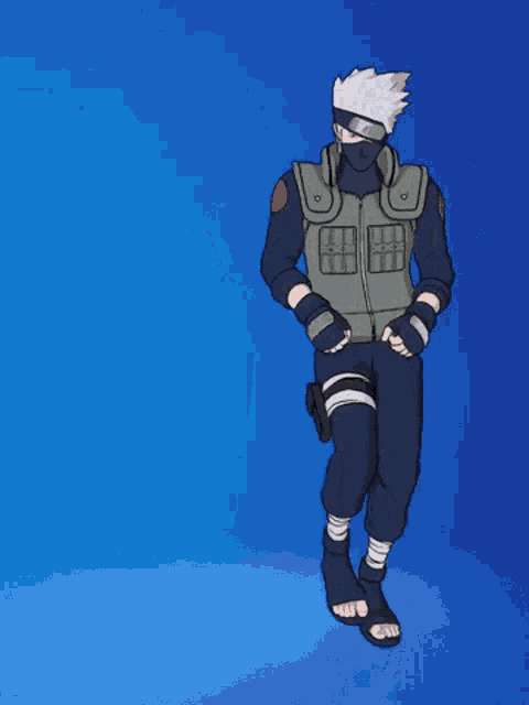 a cartoon character with a mask on his face is dancing in front of a blue background