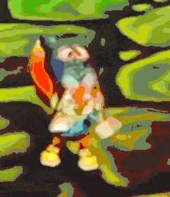 a pixel art drawing of a fox with a red tail