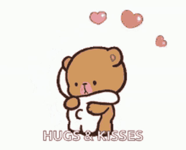 a cartoon of a teddy bear hugging another teddy bear with hearts coming out of his eyes .