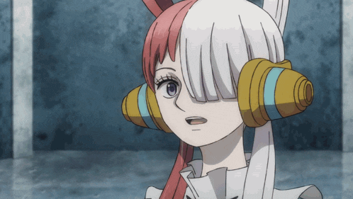a cartoon character with white hair and pink ears has a surprised look on her face