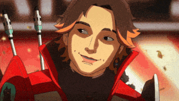 a cartoon drawing of a man with a red jacket and a black shirt