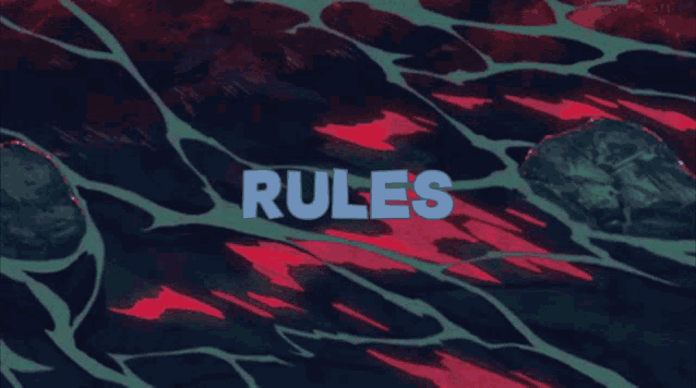 the word rules is written in blue on a red and blue background