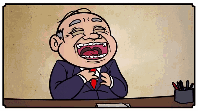 a cartoon drawing of a man in a suit and tie laughing