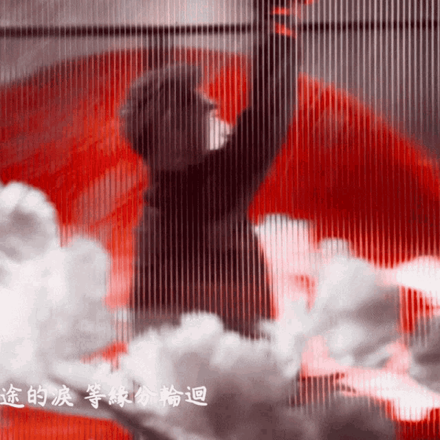 a person standing in front of a red wall with chinese writing on it