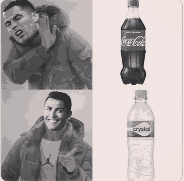 a bottle of coca-cola and a bottle of crystal water