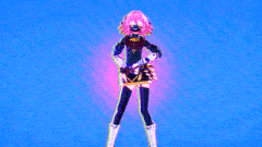 a girl with pink hair stands in front of a sign that says to grow a man up paradise