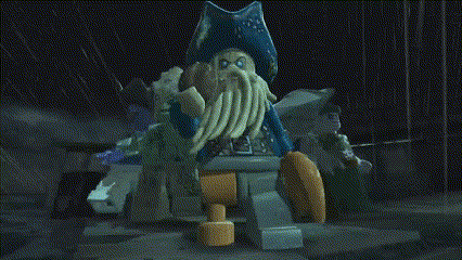 a group of lego pirates of the caribbean figures standing in the rain