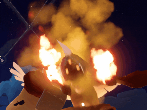 a cartoon character is on fire with a question mark in the middle