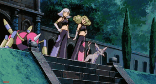 a couple of cartoon characters standing on a set of stairs with the word netflix at the bottom