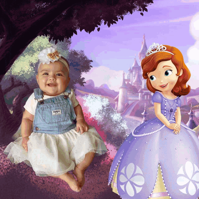 a baby wearing overalls is next to a cartoon character in a purple dress