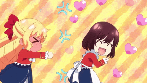two anime girls are standing next to each other and one is angry