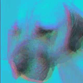 a colorful painting of a dog 's face on a green background