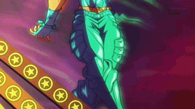 a close up of a person 's legs in a cartoon with a purple background .