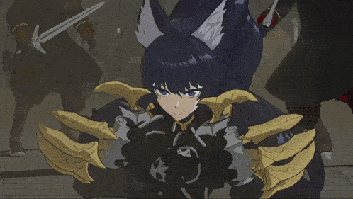 a close up of a cartoon character with a sword in her hand