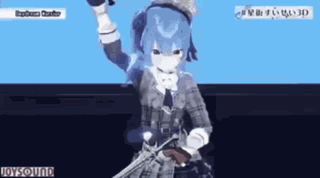 a 3d anime girl is holding a gun and a microphone .