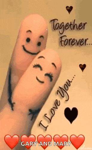 a couple of fingers with faces drawn on them and the words `` i love you '' .