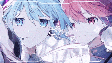 two anime girls with blue hair and red eyes are standing next to each other with chinese writing on the bottom