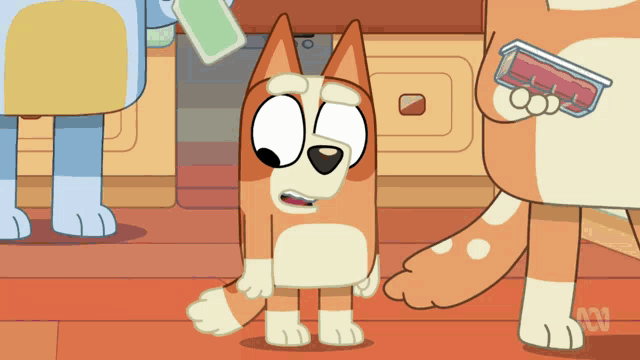a cartoon dog is standing next to another dog holding a box