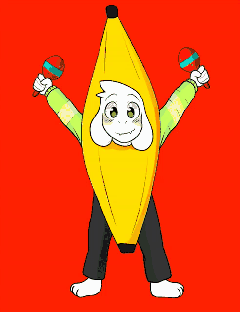 a cartoon of a goat wearing a banana costume holding maracas