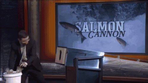 a man in a suit stands in front of a salmon cannon screen