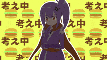 a girl in a purple outfit stands in front of a yellow background with hamburgers