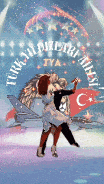 a man and a woman are dancing in front of a turkish flag and a jet