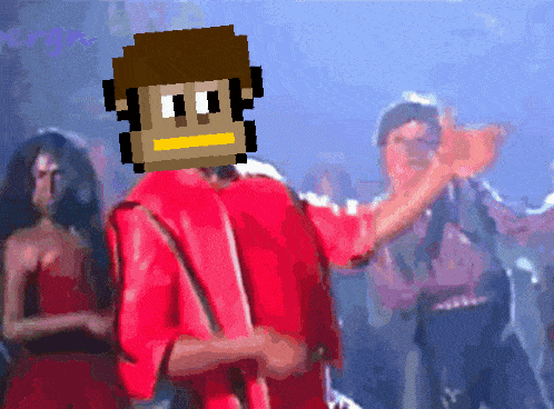 a pixel art of a man in a red shirt with a monkey head