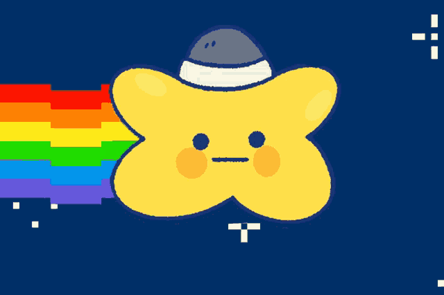 a cartoon drawing of a yellow star with a rainbow behind it