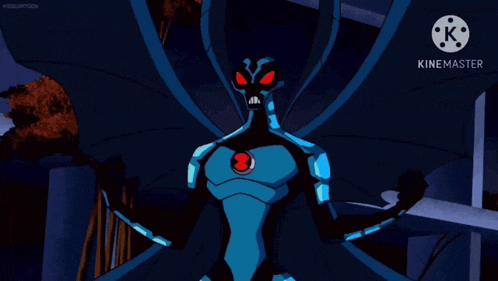 a cartoon character with a lot of wings is flying through the air in a dark room .