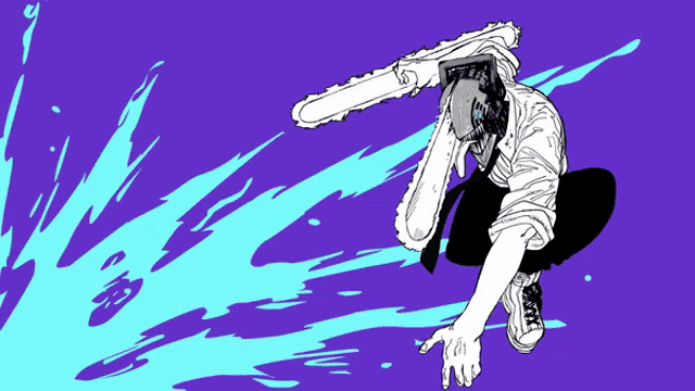 a black and white drawing of a person holding a chainsaw on a purple background