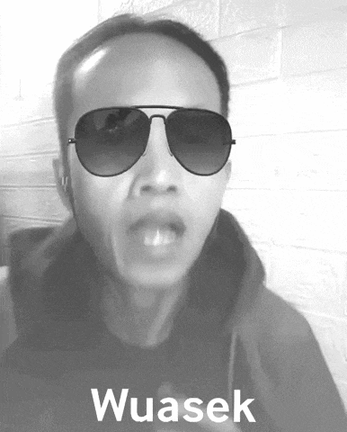 a black and white photo of a man wearing sunglasses and the words wuasek