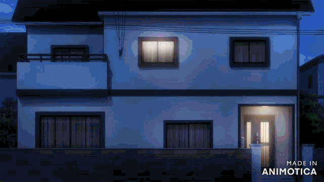a house is shown at night with the words made in animotica on the bottom