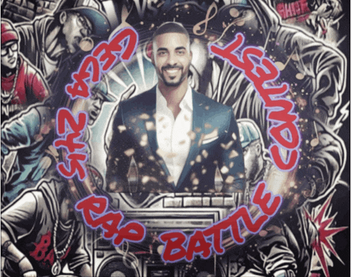 a man in a suit stands in front of a rap battle poster