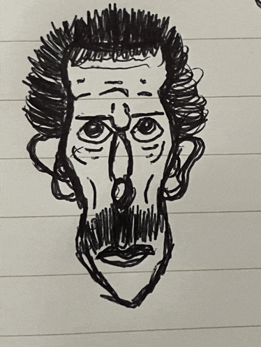 a black and white drawing of a man with a beard and curly hair