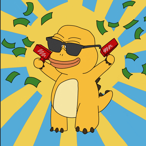 a cartoon of a dinosaur wearing sunglasses and holding a red box with the letter m on it