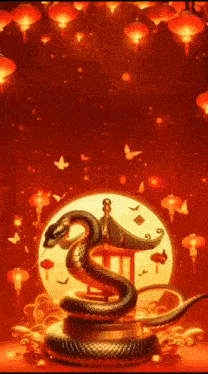 a snake is sitting on top of a statue in front of a full moon and lanterns .