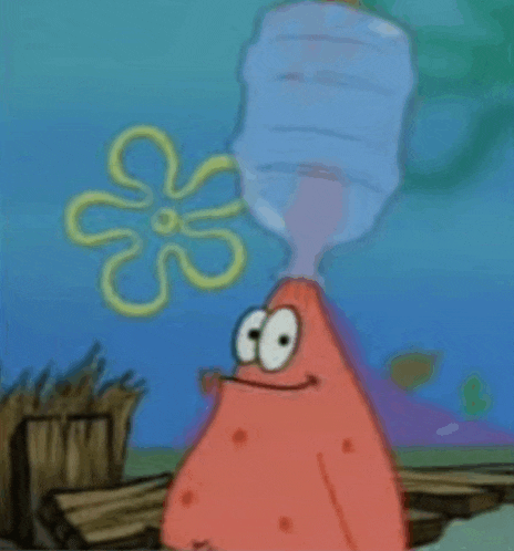 patrick star is drinking water from a water bottle .