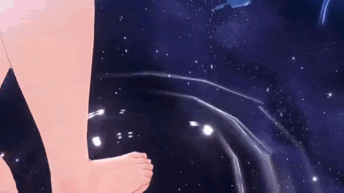 a close up of a person 's feet in a video game with a galaxy in the background .