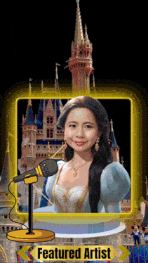 a picture of a woman in front of a castle with the words featured artist below it