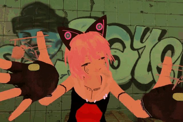 a girl with cat ears is standing in front of a wall with graffiti on it that says yo